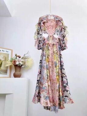 Designer-style Floral Pink Ruffled Long Sleeve Maxi Dress